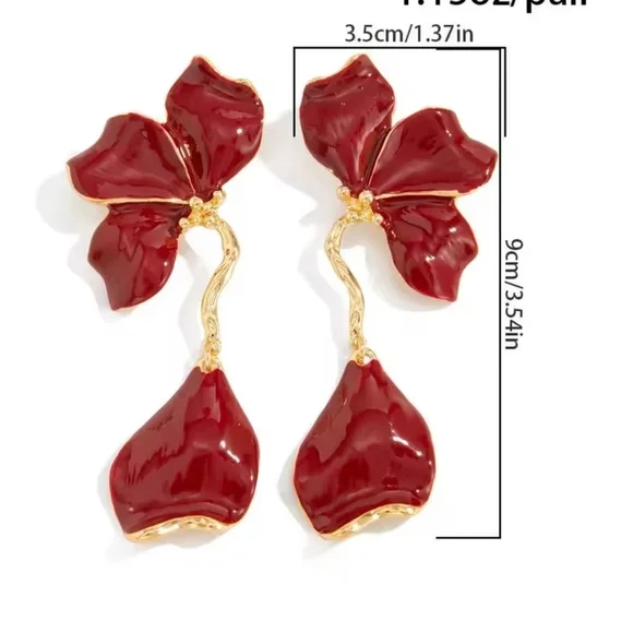 Cranberry Red Floral Drop Earrings with Gold Accents - Picture 3 of 4